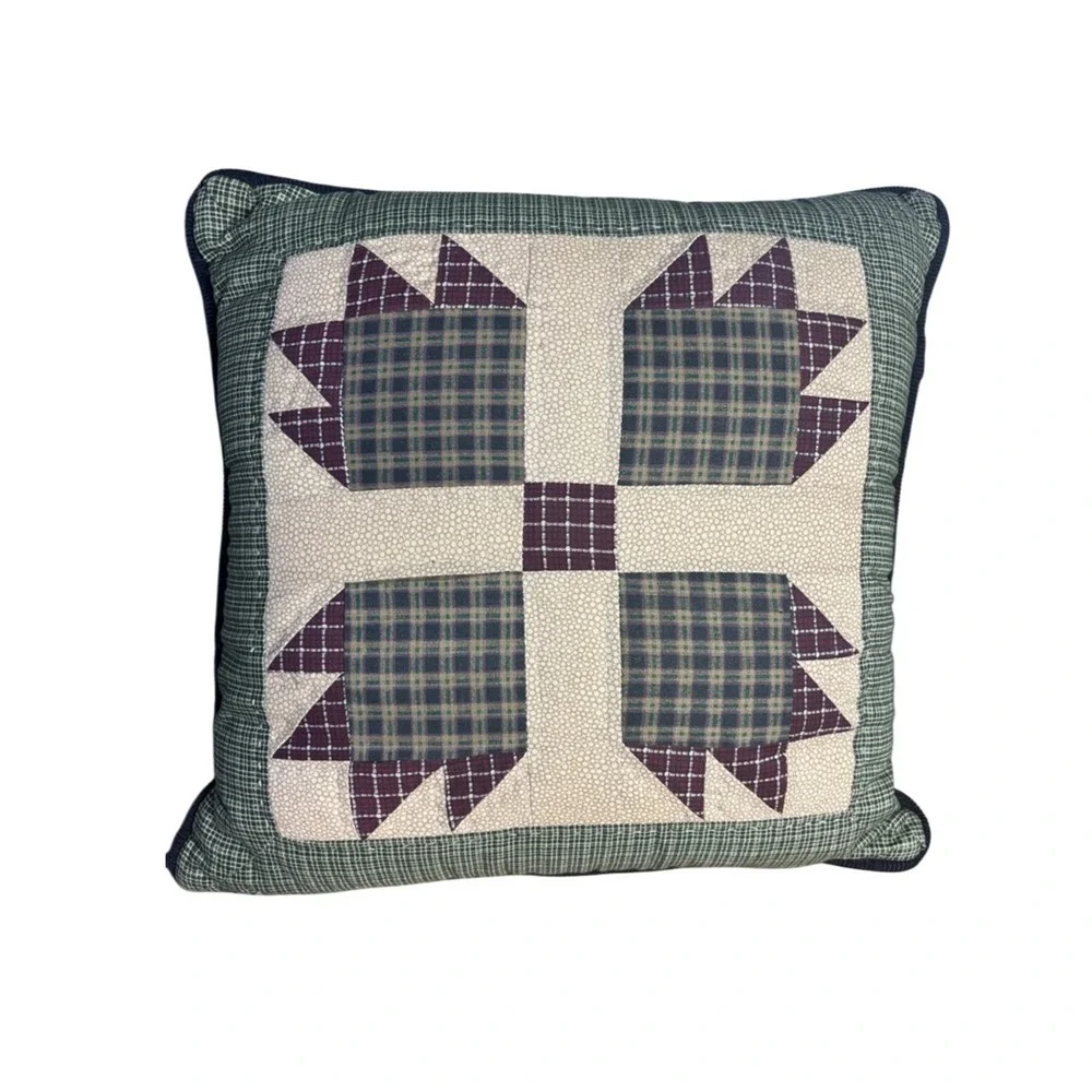 JC Penny Home Collection Vintage Pillow Green Plaid Patchwork & Moose Cabin GUC‎